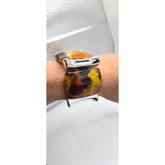 Vintage Butterfly Resin Bracelet Stretch Silver-Tone Bars Bold Statement - Picture 5 of 5